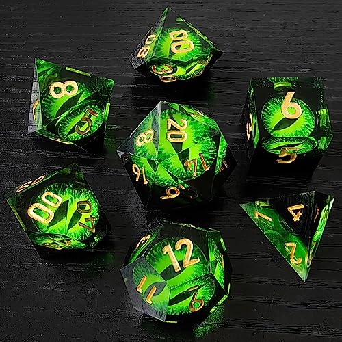 BESCON Dragon's Eye Sharp Edged Polyhedral Dice Set of 7, Handmade Dragon's Eye Dice for Role Playing Game - color: Green Eye Set