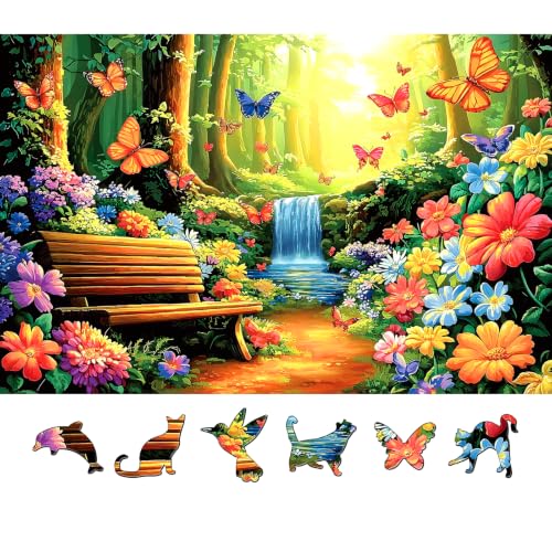 500 Piece Puzzles for Adults, Butterfly Forest Waterfall Puzzles | Nature Scene Jigsaw Puzzles with Flowers & Wooden Bench, Challenging Family Activity Gift for Adults 23x15 Inch - color: Butterfly Forest