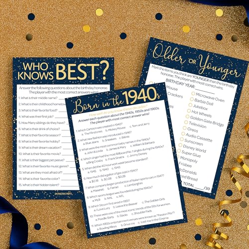 Navy and Gold 80th Birthday Games Set, Born in the 1940s, 20 Guests | 5" x 7" Dual-Sided Cards, Who Knows Best, Older or Younger, and 1940s Trivia Games, Answer Keys Included - color: Blue Gold