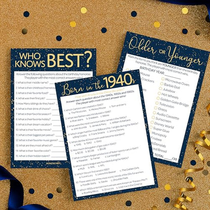 Navy and Gold 80th Birthday Games Set, Born in the 1940s, 20 Guests | 5" x 7" Dual-Sided Cards, Who Knows Best, Older or Younger, and 1940s Trivia Games, Answer Keys Included - color: Blue Gold