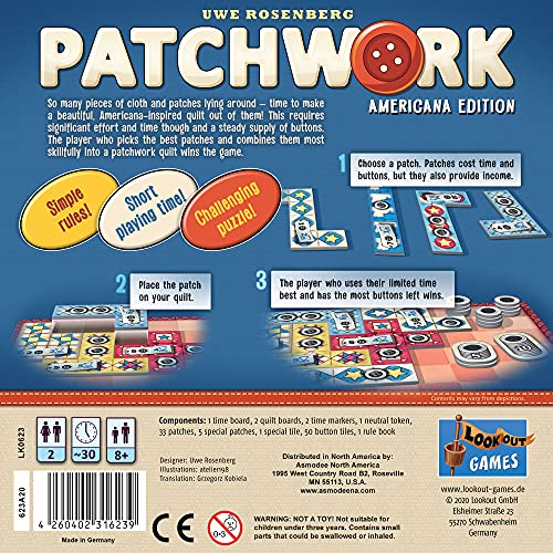 Patchwork Americana Edition Board Game - A Two-Player Quilting Strategy Game by Uwe Rosenberg! Interactive Puzzle Game for Kids & Adults, Ages 8+, 2 Players, 30 Minute Playtime, Made by Lookout Games