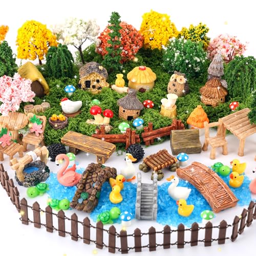 84 Pcs Fairy Garden Accessories, Miniature Village Starter Kit with Moss Model Tree Tiny Resin Animal Figures, DIY Bonsai Micro Landscape Ornament for Terrarium Succulent Dollhouse Craft