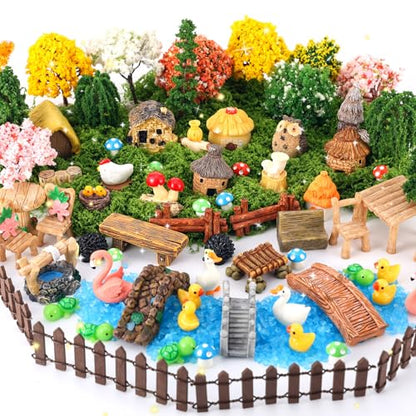 84 Pcs Fairy Garden Accessories, Miniature Village Starter Kit with Moss Model Tree Tiny Resin Animal Figures, DIY Bonsai Micro Landscape Ornament for Terrarium Succulent Dollhouse Craft
