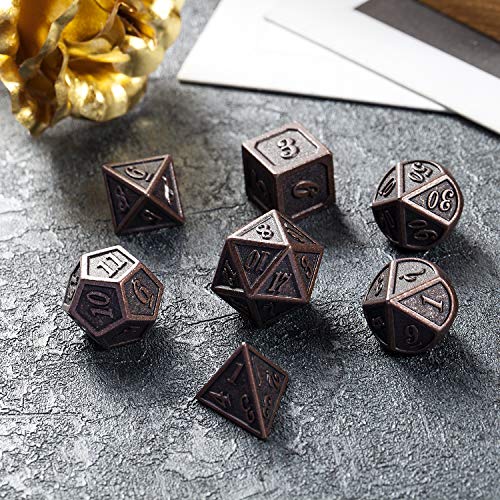 D&D Metal Dice Set, DNDND 7PCS Metallic Ancient Copper Dice with Metal Case for DND Dungeons and Dragons Table Games Roly Playing Rolling - color: Ancient Copper