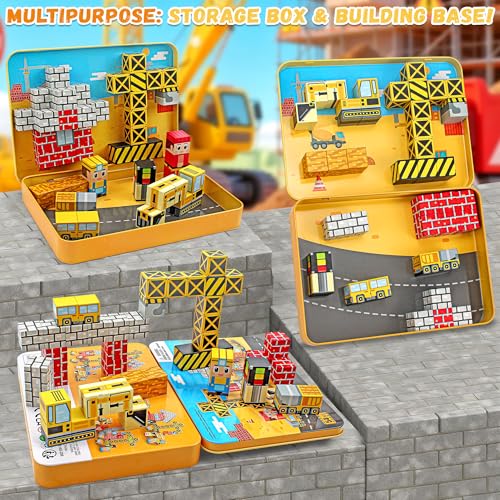 54 Pcs Mini Magnetic Blocks Travel Toys with Iron (Yellow) | Kids 3+ Mini Magnetic Cubes for Airplane & Car Ride Portable Storage Box Toddler Gifts Christmas Halloween New Year birthday