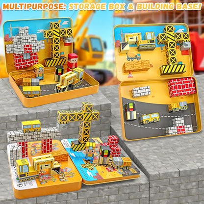 54 Pcs Mini Magnetic Blocks Travel Toys with Iron (Yellow) | Kids 3+ Mini Magnetic Cubes for Airplane & Car Ride Portable Storage Box Toddler Gifts Christmas Halloween New Year birthday