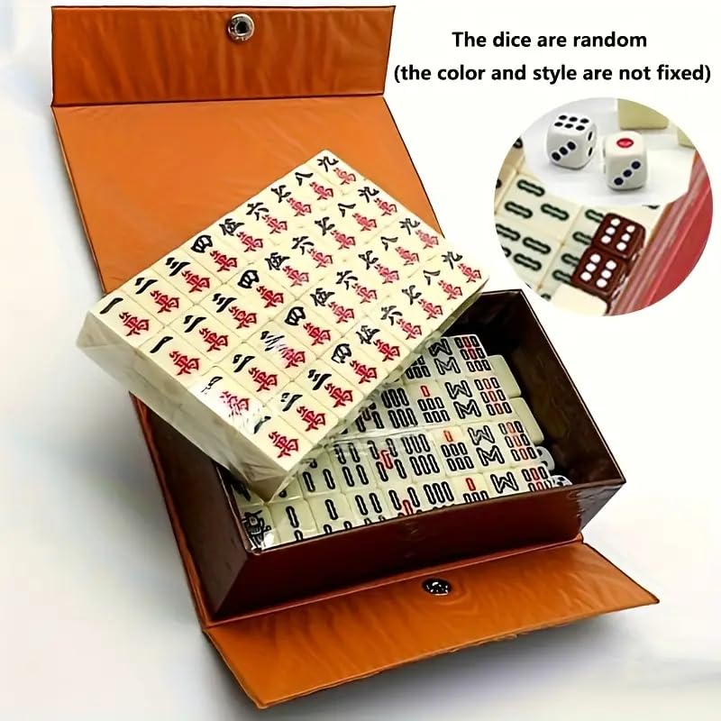 Portable Mini Chinese Mahjong Set with 146 Melamine Tiles Compact Brown Carrying Case for Camping, Family Game Night Camping, Beach & Halloween Christmas Easter Party