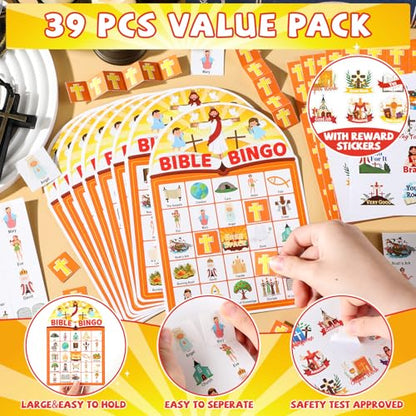 39 Pcs Bible Theme Bingo Game for Adults 24 Players Christian Party Bingo Game Cards with Reward Stickers for Family Friends Large Group Gathering Christian Sunday School Church Open Day Favors - style: Bible