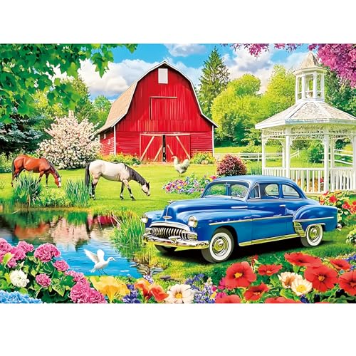 Puzzles for Adults 500 Pieces,Farm Horse Puzzle for Adult,Flowers Rooster Barn Truck Themed Jigsaw Puzzle,Country Life Puzzle for Seniors,Puzzles for Family Game Nights, 20.5x15 in - style: 500P Farm