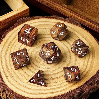 Wood DND Dice Set 7PCS Brown Wooden Dice Set for D&D Tabletop Games | Iron Box, DM Gift, for Dungeons and Dragons Role Playing Games - color: Brown Black Striped