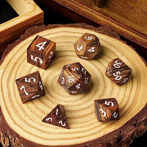 Wood DND Dice Set 7PCS Brown Wooden Dice Set for D&D Tabletop Games | Iron Box, DM Gift, for Dungeons and Dragons Role Playing Games - color: Brown Black Striped