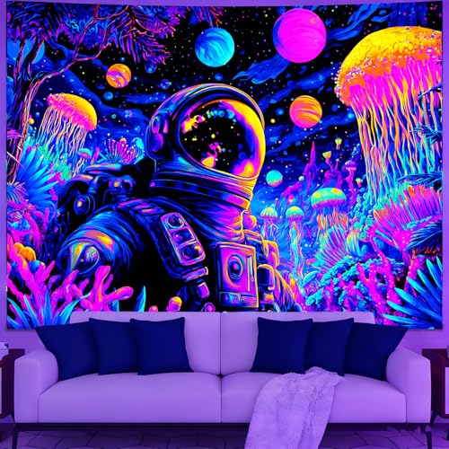KKYEJLQYI Neon Fluorescent Wall Tapestry, UV Blacklight Reactive, 78.74x59 Inches, Polyester Fabric, Psychedelic Astronaut Glow in the Dark Tapestry, Multi-Color Glow Effect for Bedroom Dorm Living Room (Astronaut-2) - color: Astronaut-2