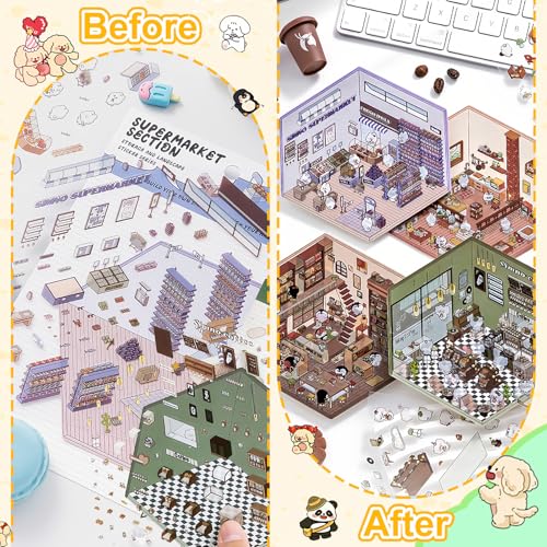 3D House Stickers,DIY Sticker Therapy for Adult Fun Cute Cartoon Stickers | 36 Sets Scene Make Your Own for MINI Room Scenes Miniature Supermarket for Relief Stress Pass The Time - size: 36 Pcs Regular