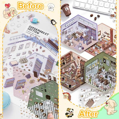 3D House Stickers,DIY Sticker Therapy for Adult Fun Cute Cartoon Stickers | 36 Sets Scene Make Your Own for MINI Room Scenes Miniature Supermarket for Relief Stress Pass The Time - size: 36 Pcs Regular