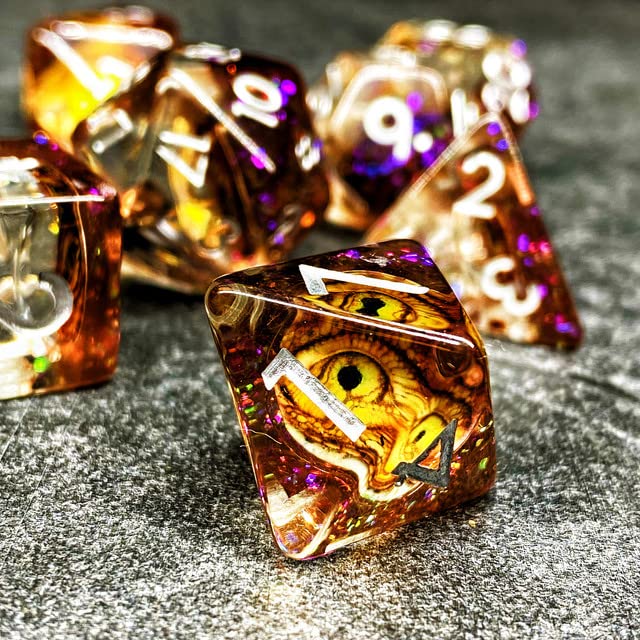 Sage's Portal Animal Familiars Resin DND Dice Set Polyhedral Dice Set for Dungeons and Dragons RPG Pathfinder Tabletop TTRPG (Bottled Gold Dragon Eyes) - color: Bottled Gold Dragon Eyes