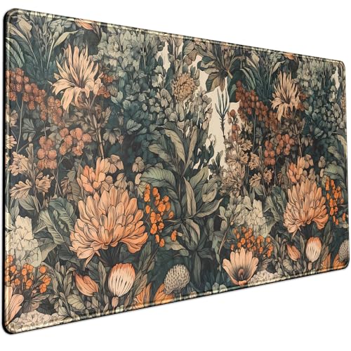 Boho Aesthetic Desk Mat Vintage Flowers Large Mouse Desk Pad Keyboard Mat | XXL Keyboard Mat, Full Desktop Computer Desk Mat Women Office Desk Accessories, Stitched Edges, Anti-Slip, 31.5 X 15.8 In - color: Aesthetic Dark Plants
