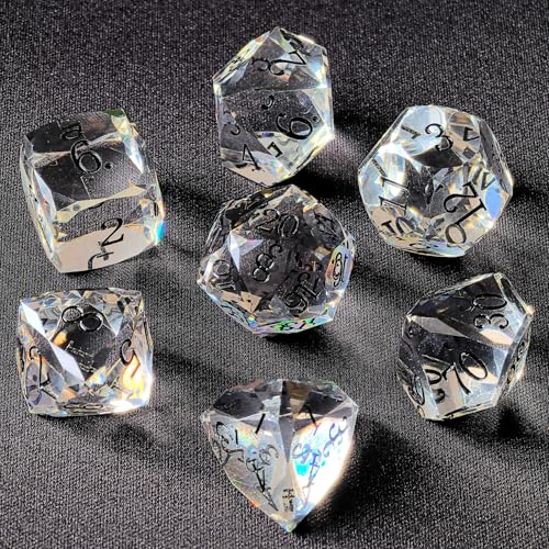Crystal Multifaceted Polyhedral Dice Set 7 PCS for DND, RPG Tabletop Gaming, Collectors | Tinbox Packing, Gemstone Effect Dice (Crystal Clear) - color: Crystal Clear