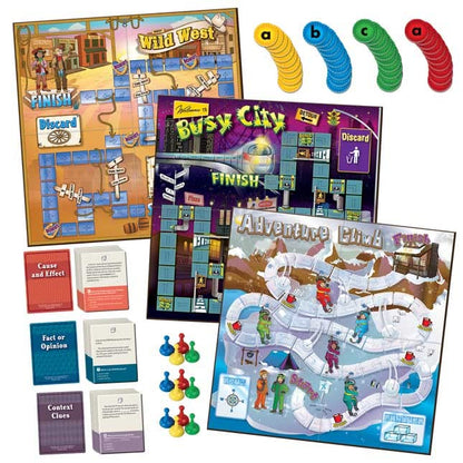 Really Good Stuff Reading Comprehension Board Game Trio, Grades 4-5 | Cause and Effect, Fact or Opinion & Context Clues, Set of 3 Games - size: Grades 4-5, style: Cause and Effect, Fact Or Opinion & Context Clues