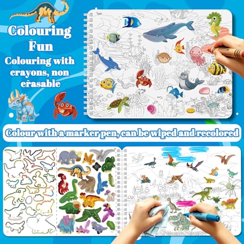 Kalysky Dinosaur and Ocean Animal Sticker Book for Kids Ages 4-8 | Search and Find Sticker Activity Book,Travel Toys for Toddlers, Airplane & Road Trip Games, Educational Fun - color: Dinosaur and Ocean Animal