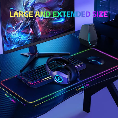 RGB Gaming Mouse Pad,13 Colors Led Light RGB PC Large Gaming Desk Mat, Non-Slip Rubber Based with Waterproof Coating Big Mouse Pad 31.5X11.8 in