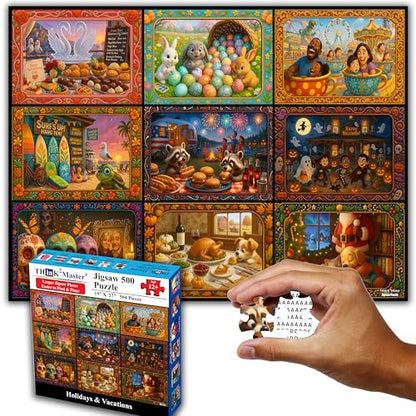 Think2Master Holiday Collage 500 Pieces Very Large Pieces Jigsaw Puzzle: 13+, Teens, Adults & Seniors. A Year of Celebration an Excellent Present for Birthdays, Christmas. Size: 26.8” X 18.9” - style: Holidays & Vacations