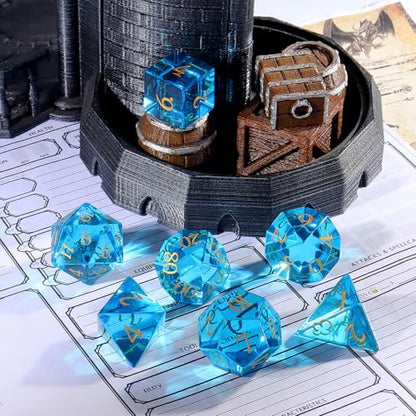 LUCKY-M 7-Piece Crystal Glass Polyhedral Dice Set with Case for Dungeons & Dragons, RPG Games - color: Blue Glass