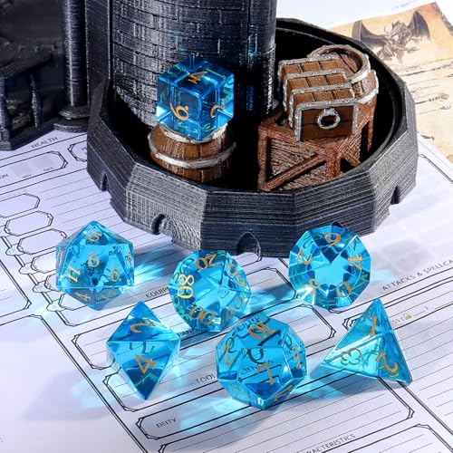 LUCKY-M 7-Piece Crystal Glass Polyhedral Dice Set with Case for Dungeons & Dragons, RPG Games - color: Blue Glass