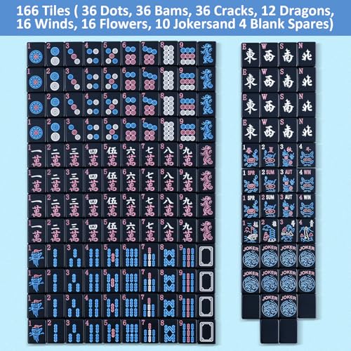 American Mahjong Game Set, 166 Black Tiles (1.2”), 4 All-in-One Color Rack/Pushers & Drawstring Bag, Complete Mahjong Set with Black Carrying Bag and Mahjong Tiles Set Accessories - color: Black