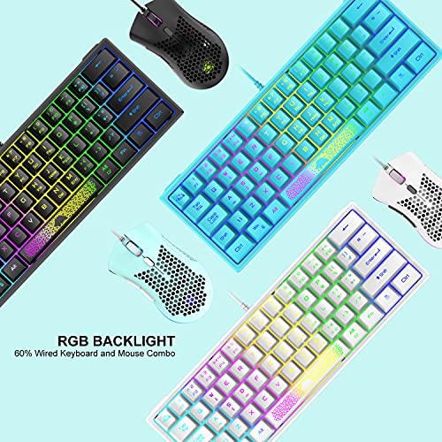60% Gaming Keyboard and Mouse Combo Samll Mini RGB LED Backlight Mechanical Feeling and RGB 6400 DPI Honeycomb Optical Mouse,Gaming Mouse pad for Gamers and Typists - color: White