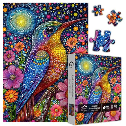 Sparkle Hummingbird Puzzles for Adults 1000 Pieces, Colorful Bird Flowers Jigsaw Puzzles, Animal Plant Nature Beautiful Garden Themed Puzzle, Difficult Hard Impossible Challenge for Adults - style: Sparkle Hummingbird