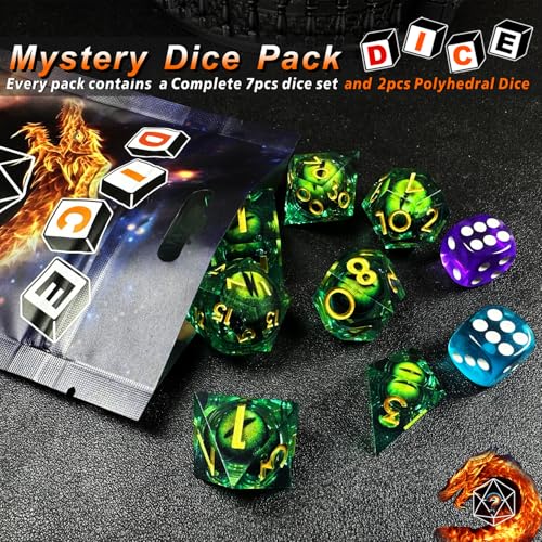 HAOMEJA 9pcs Mystery Dice Set/ 7pcs Random Polyhedral DND Dice + 2pcs D6-Sided Dice/D&D Dice，Apply to RPG，MTG，Role Playing Table Game，Party Gifts (1 Set 9pcs) - color: 1 Set 9pcs