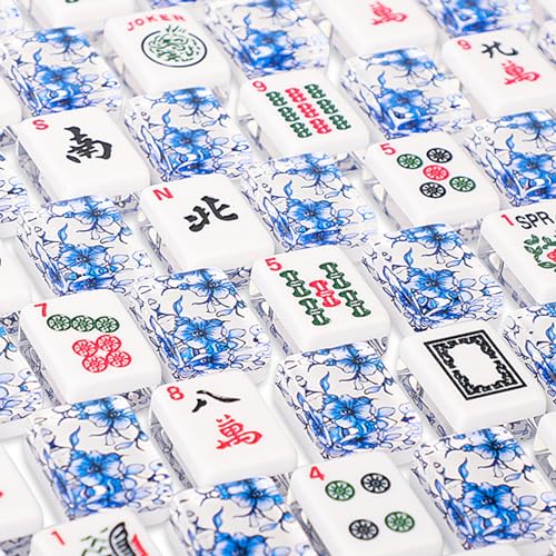 American Mahjong Set,166 Premium Acrylic Tiles with Blue Prints, 4 All-in-One Color Rack/Pushers, Complete Mahjong Game Set with Floral Blue Carrying Bag