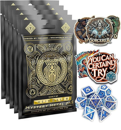 HEIMDALLR Mystery Metal DND Dice Set 5-Pack – 7pc Blind Bag with Random Class & Funny DND Stickers – Metal Role Playing Dice for Dungeons and Dragons – Gift for D&D Players, Great for New - color: Mystery Metal Dice 5-pack