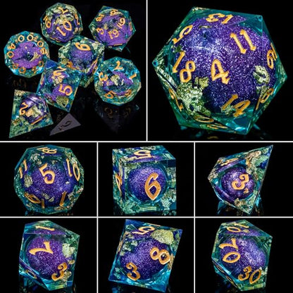 ARUOHHA Liquid Core DND Dice Set, 7pcs Resin Sharp Edged Dragons Dice RPG Role Playing Games, Purple Blue Polyhedral Dungeons D and D Dice with Gift Box D20 D12 D10 D8 D6 D4 - color: Purple Blue