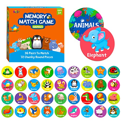SpriteGru Memory Matching Game, 72 PCS Animal Matching Cards for Toddlers 36 Pairs Memory Cards for Preschool 4 5 6 Years Old - style: Animal Theme