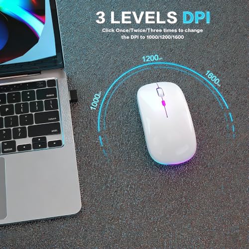 AIKOKOK Wireless Bluetooth Mouse, Rechargeable Dual Mode Mouse, Pearl White | BT 5.2 & 2.4G USB Receiver, 3 Adjustable DPI,LED Lights,Slim,Silent,Portable Computer Mouse for Laptop,PC,MacBook,iPad,Tablet - color: Pearl White