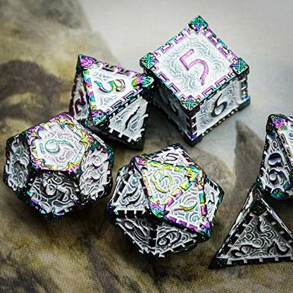 Cusdie 7 Pcs Metal DND Dice with Metal Box, Dagger Design Polyhedral Dice Set, for Role Playing Game D&D Dice (Colorful White) - color: Colorful White