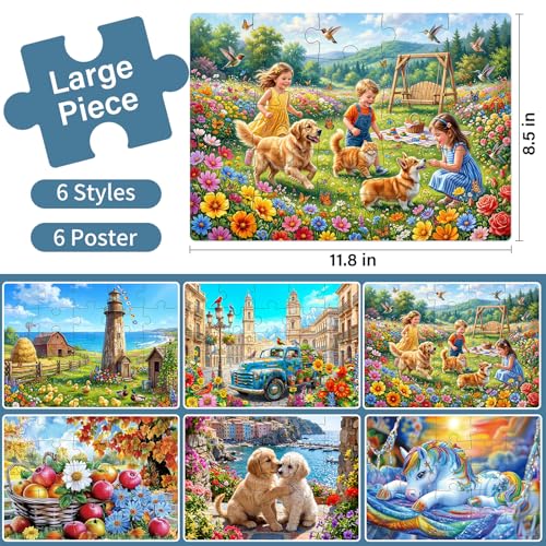 6 Pack 25 Piece Large Piece Puzzles for Seniors with Dementia & Alzheimer's Puzzles | Memory Care Games for Elderly Adults | Easy Grip Cognitive Activities in Nursing Home