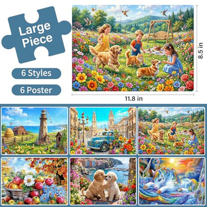 6 Pack 25 Piece Large Piece Puzzles for Seniors with Dementia & Alzheimer's Puzzles | Memory Care Games for Elderly Adults | Easy Grip Cognitive Activities in Nursing Home
