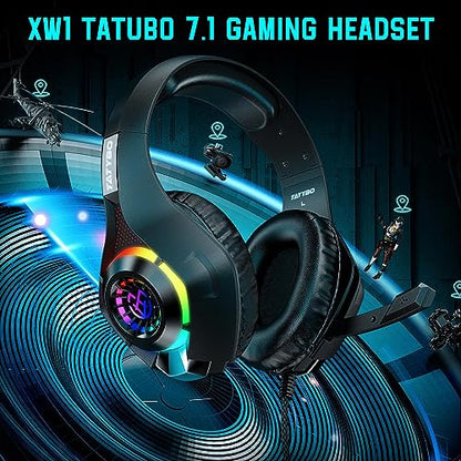 Tatybo Gaming Headset for PS4 PS5 Xbox One PC, Over-Ear Gaming Headphones with Surround Sound, Noise Canceling Mic, RGB Light