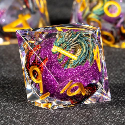 KERWELLSI Liquid Core Dragons Pattern Dice, Resin DND Dice Set with Gift Box, Purple and Gold Sharp Edged Dungeons D&D Dice, Role Playing Game Dice D20 D12 D10 D8 D6 D4 - color: Purple and Gold