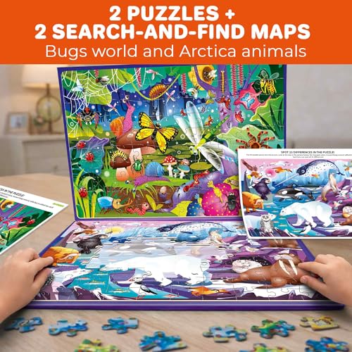 QUOKKA Magnetic Puzzles for Kids Ages 4-6 – 100 PCS Magnetic Puzzle Book for Toddlers 3-5 – 2 Puzzles & 2 Spot The Difference Maps – Search & Find Travel Games – Activity Book Bugs & Polar Animals - color: Bugs 100pcs