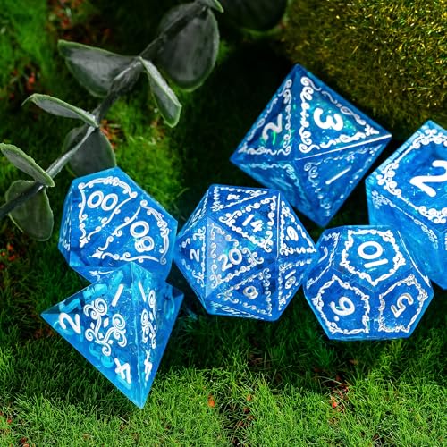 Cusdie 7-Piece Sharp Edges DND Dice Set with Sprout Design - Perfect for Tabletop RPGs Board Games Gifting and Collecting(Sprout Blue) - color: Sprout-blue