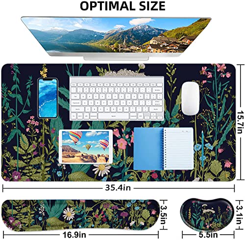 Large Mouse Pad with Wrist Rest, 4-in-1 Wrist Rest for Keyboard and Mouse | Non-Slip Waterproof Desk Mat Set, 35.4"x15.7" Desk Mat+Keyboard Wrist Rest+Mouse Wrist Support+Cup Coaster for Home Office - color: 4Pcs-Weeds