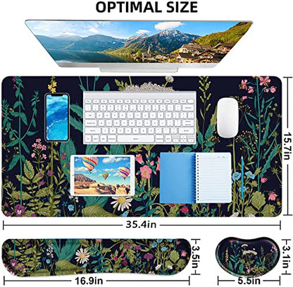 Large Mouse Pad with Wrist Rest, 4-in-1 Wrist Rest for Keyboard and Mouse | Non-Slip Waterproof Desk Mat Set, 35.4"x15.7" Desk Mat+Keyboard Wrist Rest+Mouse Wrist Support+Cup Coaster for Home Office - color: 4Pcs-Weeds