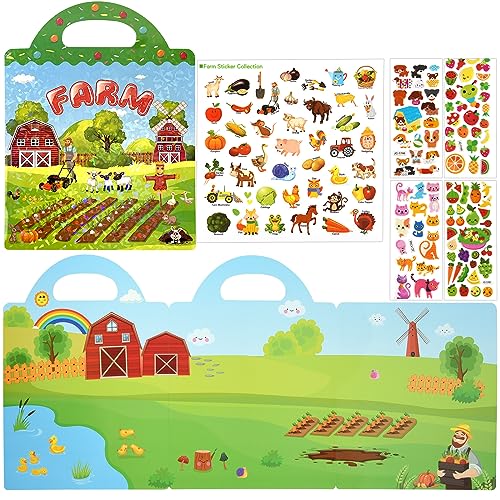 ASTARON Reusable Sticker Book for Toddlers, 88 Pcs Farm Harvest Stickers Road Trip Activities Car Airplane Activities Travel Toys for Kids, Kids Quiet Time Activities (2-6 Age) - style: Farm harvest