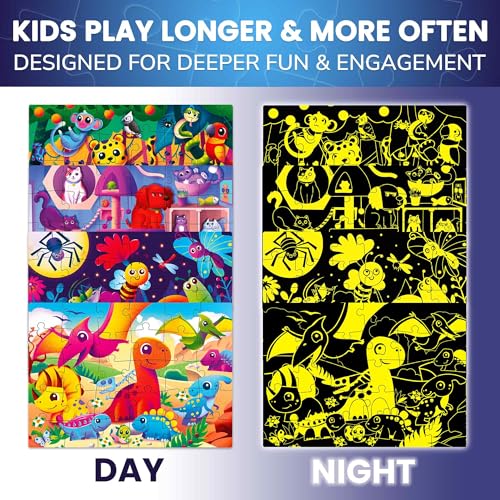 30 Pieces Puzzles for Kids Ages 3-5 – 4 Jigsaw Toddler Puzzles Ages 4-6 | Glow-in-The-Dark Dinosaur and Animals Learning - Educational Jigsaw Puzzle for Ages Kids 4-8 Years Old - color: Dinosaur & Animals