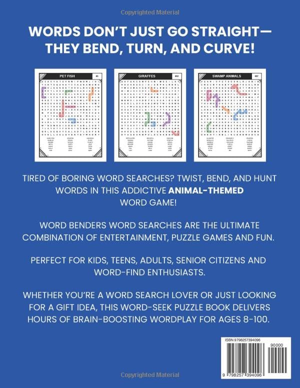 Animals Word Benders Word Search Puzzles, 100 Word Find Games, Word Seek Puzzle Book: Animal Fun For Kids, Teens, Adults and Senior Citizens Ages 8-100 (Word Search Word Benders Puzzle Book)