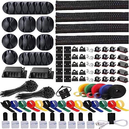 ELII 300PCS Cable Management Kit,4 Cable Sleeve 35 Cable Clips | 11Cord Holders,20 Roll Cable Organizer Straps, 200 Fastening Cable Ties,20 Cable Zip Tie Mounts for Computer TV Under Desk - color: Black