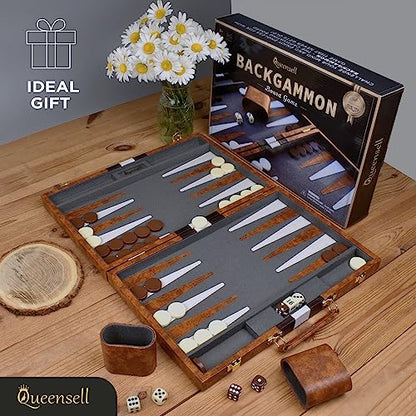 Large Backgammon Sets for Adults - Classic Board Games for 2 Players Adults and Kids - Premium Backgammon Set 15 inch Board and 32 Backgammon Pieces in Quality PU Leather Case - Gift for Man - style: Premium Brown